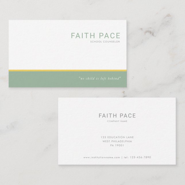 Tarjeta De Visita Green and Yellow Modern School Counselor  (Anverso / Reverso)