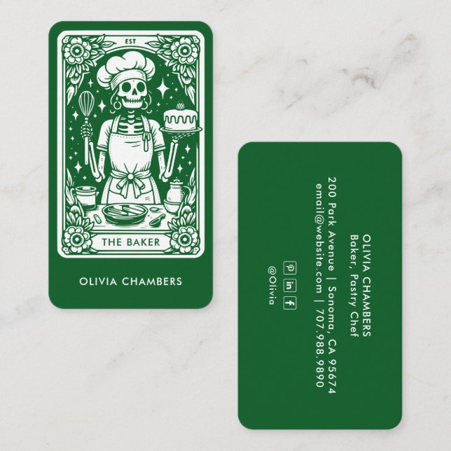 Tarjeta De Visita Green Baker Tarot Skeleton Pastry Chef (Anverso / Reverso)