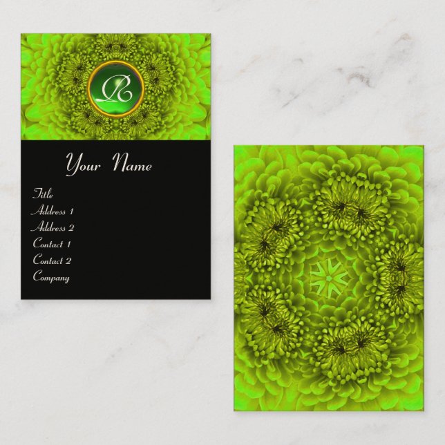 TARJETA DE VISITA GREEN DAHLIA FLOWER PETALS EMERALD GEM MONOGRAM (Anverso / Reverso)