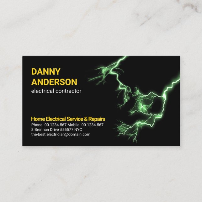 Tarjeta De Visita Green Electric Lightning Strike Electrician (Anverso)