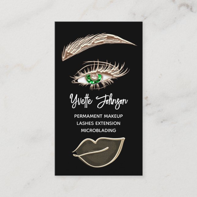 Tarjeta De Visita Green Eyelash Brows Makeup Logo QRCode Gold Black (Anverso)