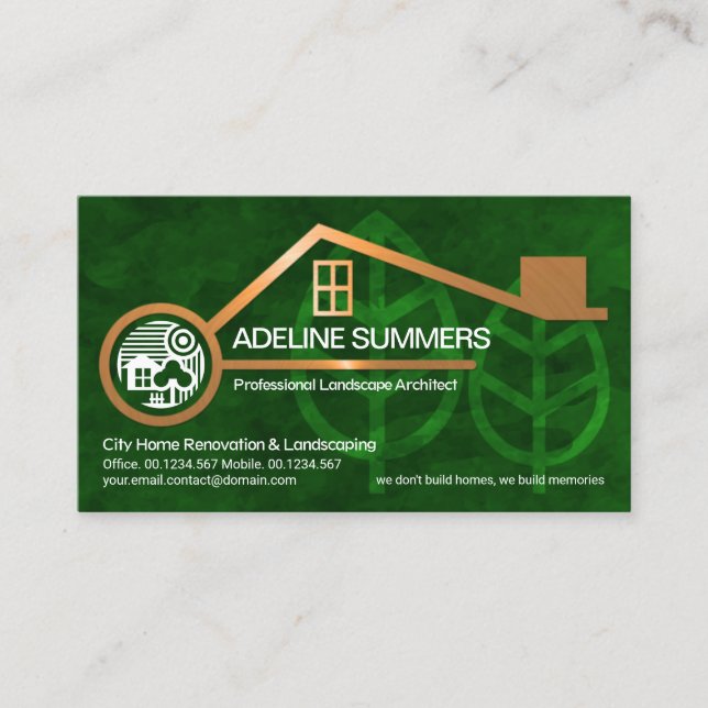 Tarjeta De Visita Green Forest Trees Landscaping Gold Home Builder (Anverso)