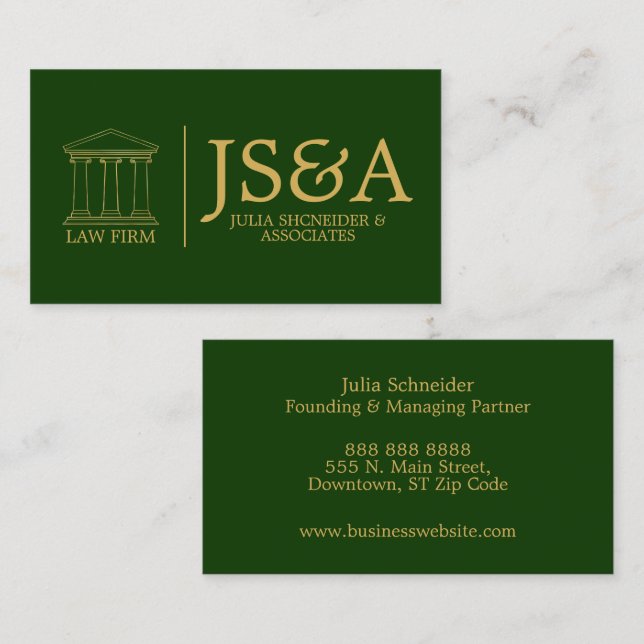 Tarjeta De Visita Green Gold Attorney Monogram (Anverso / Reverso)