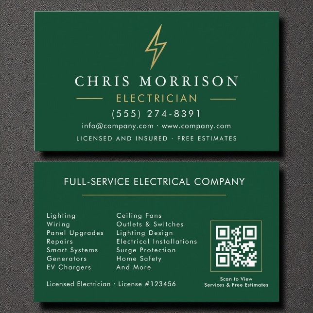 Tarjeta De Visita Green Gold Electrician QR Code Modern (Subido por el creador)