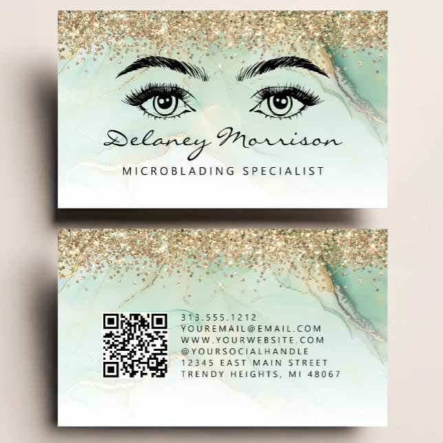 Tarjeta De Visita Green Gold Marble Eyes QR Code Microblading (Subido por el creador)