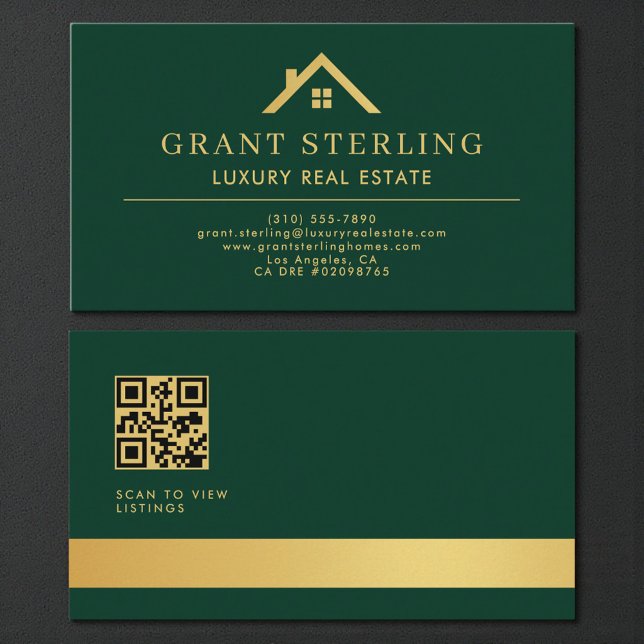 Tarjeta De Visita Green Gold QR Code Luxury Real Estate Agent (Subido por el creador)