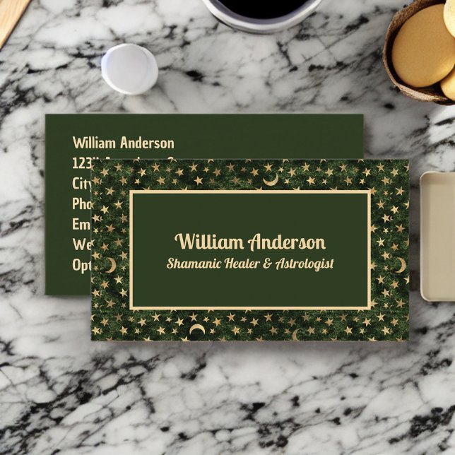Tarjeta De Visita Green Gold Stars Shamanic o Astrologist Healer (Subido por el creador)
