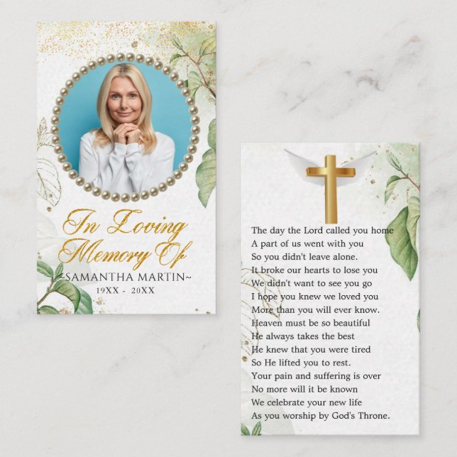 Tarjeta De Visita Green Goldish Photo Funeral Prayer Card (Anverso / Reverso)