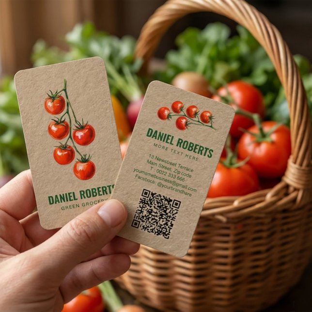 Tarjeta De Visita Green Grocery Business Card – Watercolor Tomato  (#GreenGrocery #FreshProduce #GroceryStore #VegetableShop #TomatoDesign #EcoFriendlyBranding #Organic)