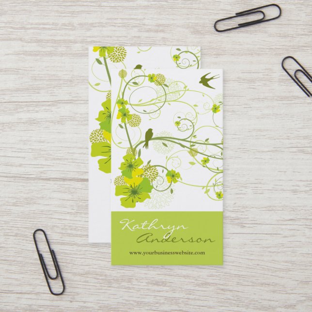 Tarjeta De Visita Green Hibiscus Swallow Birds Elegant Floral Garden (Anverso/Reverso In Situ)