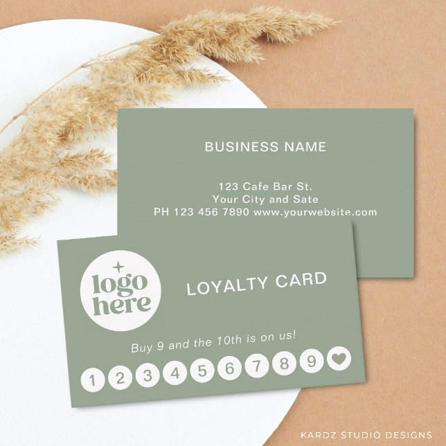 Tarjeta De Visita Green Logo Modern Professional Loyalty Card (Front and back of a 3.5 x 2 in. is shown, personalize and choose size, corner and paper style.)
