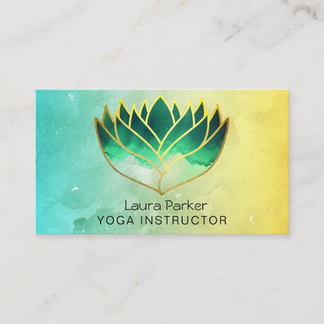 Tarjeta De Visita Green Lotus Flower Yoga Teacher Holistic Wellness (Anverso)