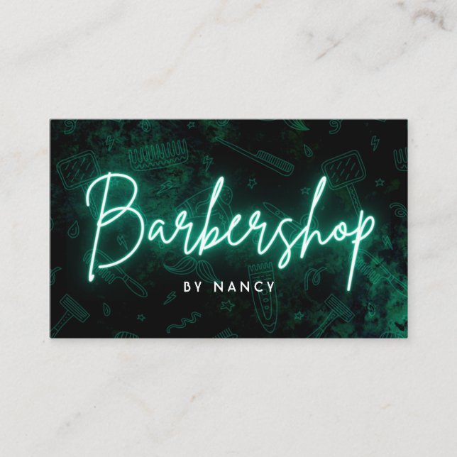 Tarjeta De Visita Green Neon Barbershop Hairdresser (Anverso)