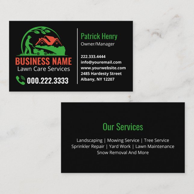Tarjeta De Visita Green Orange Lawn Care Landscaping Services (Anverso / Reverso)
