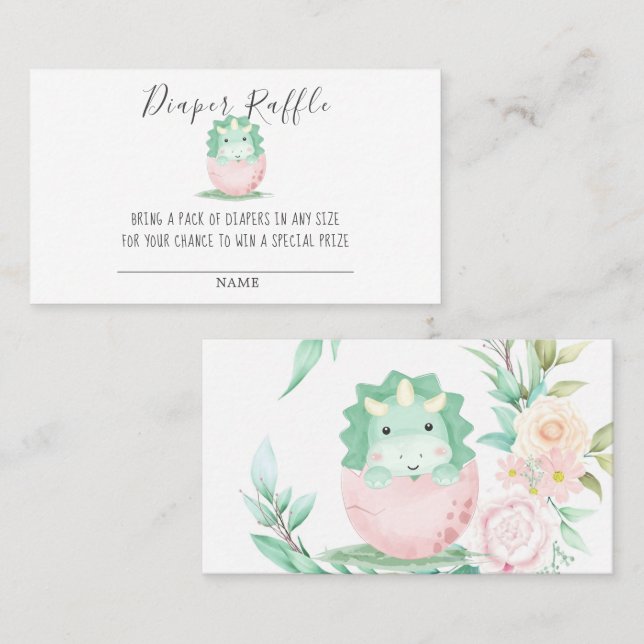 Tarjeta De Visita Green Pink Cute Dinosaur Diaper Raffle Baby Shower (Anverso / Reverso)