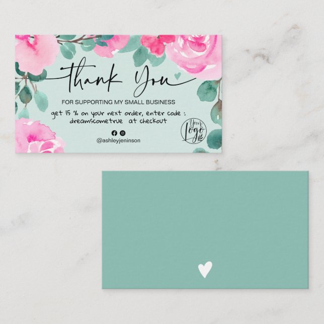 Tarjeta De Visita Green Pink floral acuarela orden gracias (Anverso / Reverso)