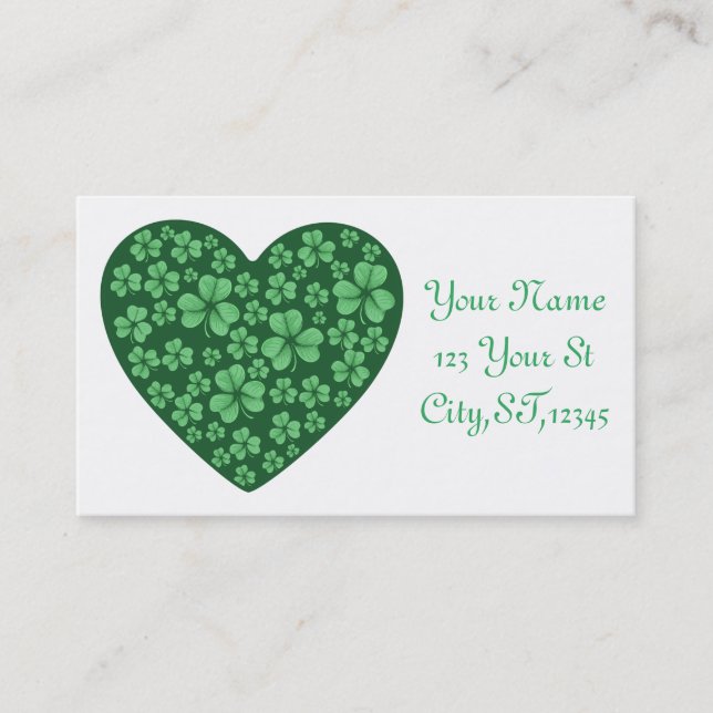 Tarjeta De Visita Green Shamrock Heart St Patrick's Day (Anverso)