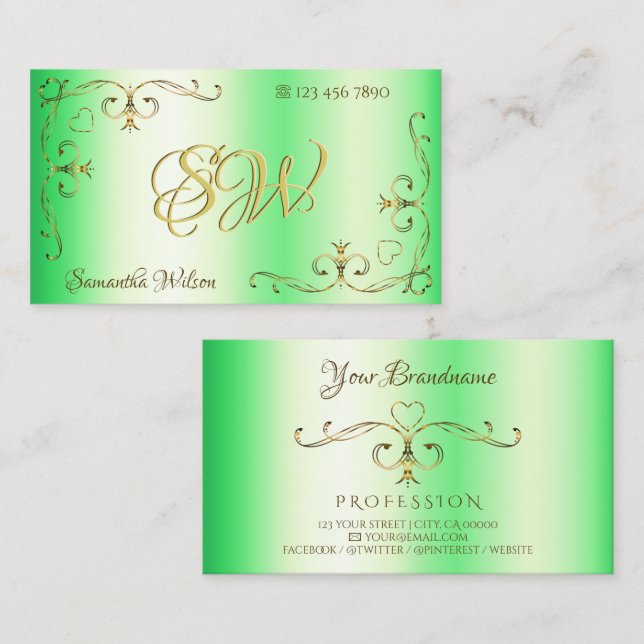 Tarjeta De Visita Green Shimmery con las iniciales de los rincones d (Anverso / Reverso)