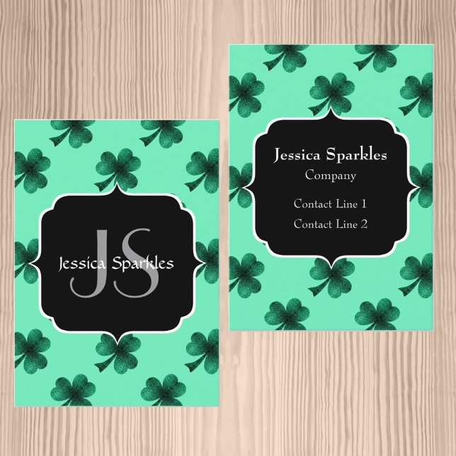 Tarjeta De Visita Green Sparkles Shamrock St. Patrick' Day Monograma (Subido por el creador)