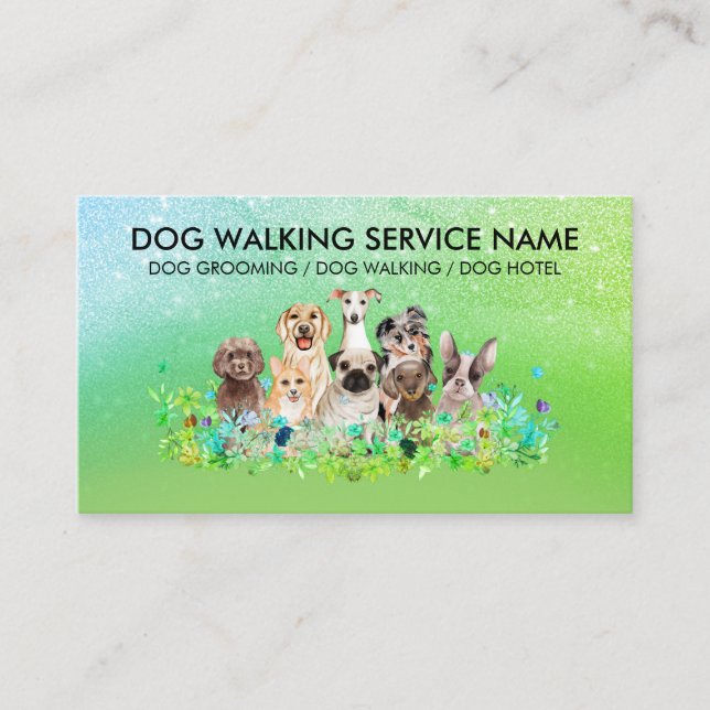 Tarjeta De Visita Green Sparkling Dog Walker (Anverso)