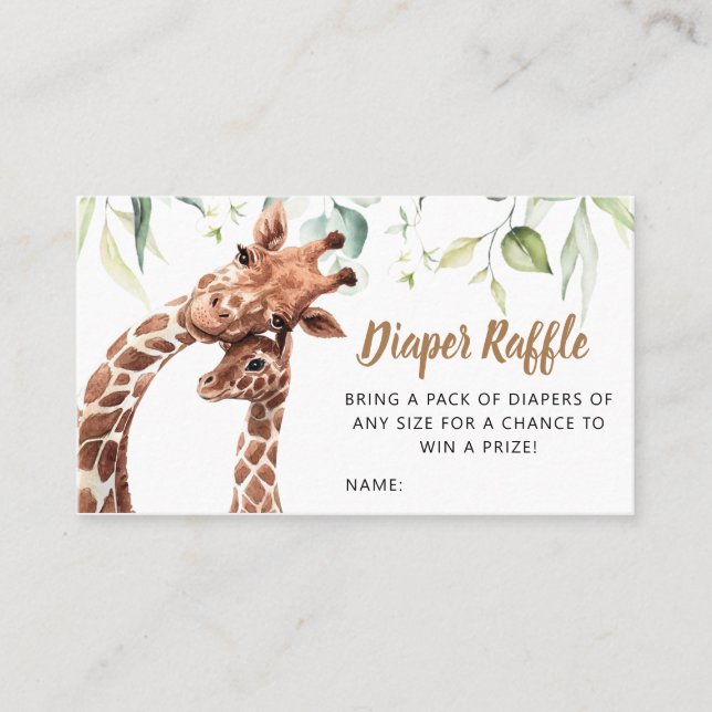 Tarjeta De Visita Greenery Giraffe Baby Shower Diaper Raffle (Anverso)