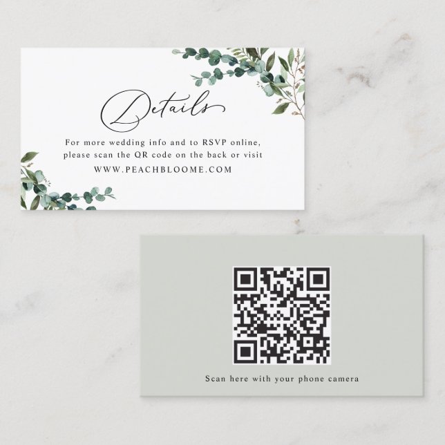 Tarjeta De Visita Greenery QR Code Wedding Details Enclosure Card (Anverso / Reverso)