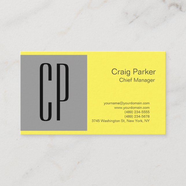 Tarjeta De Visita Gris Amarillo Monograma Profesional Simple (Anverso)