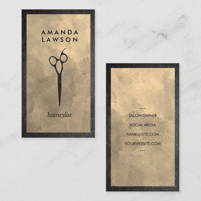 Tarjeta De Visita Gris de peine elegante | Borde de cuero (Anverso / Reverso)