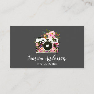 Tarjeta De Visita Gris floral rosado profesional del fotógrafo de l