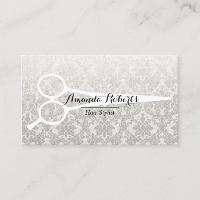 Tarjeta De Visita Gris Gray Damask Elegante Linen & Scissor (Anverso)