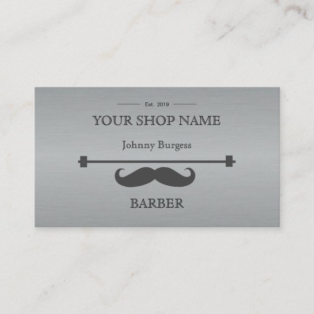 Tarjeta De Visita Gris Hipster Profesional Barber Steel Moderno (Anverso)