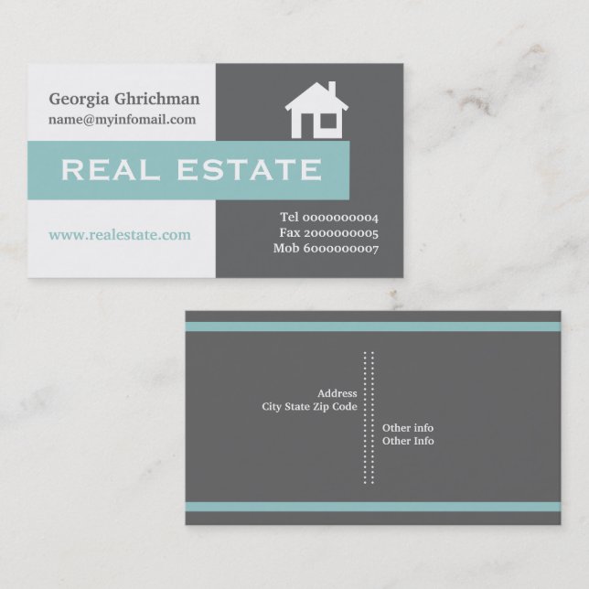 Tarjeta De Visita gris inmobiliario, blanco, llamativo azul (Anverso / Reverso)