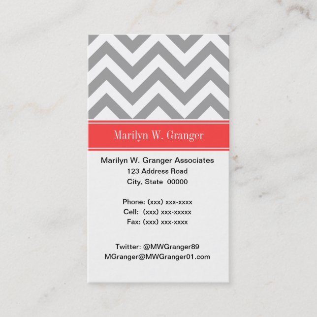 Tarjeta De Visita Gris oscuro Lg Chevron Coral Nombre Rojo Monograma (Anverso)