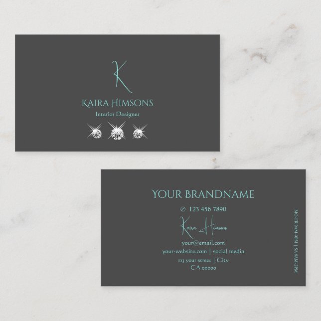 Tarjeta De Visita Gris plano moderno Verde azulado con monograma y j (Anverso / Reverso)