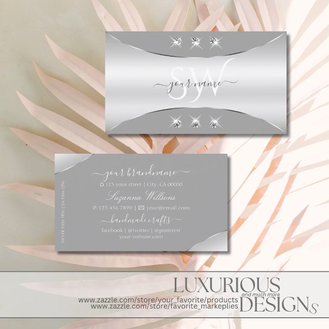 Tarjeta De Visita Gris plateado de lujo con diamantes y monograma (Subido por el creador)