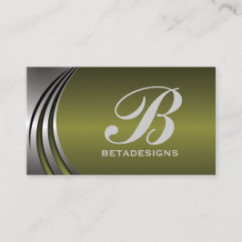 Tarjeta De Visita gris plateado metalizado, monograma verde oliva