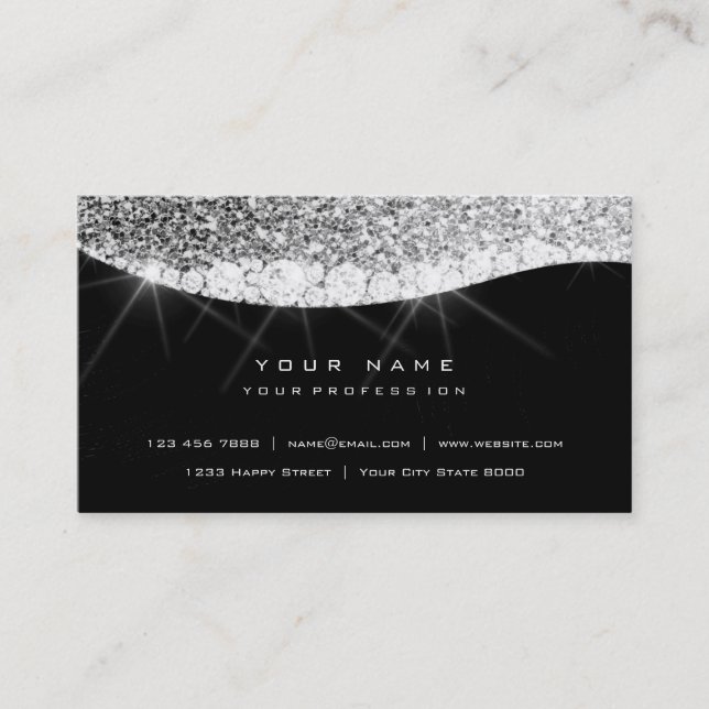 Tarjeta De Visita Gris plateado Sparkly Diamond Purpurina Glam Black (Anverso)