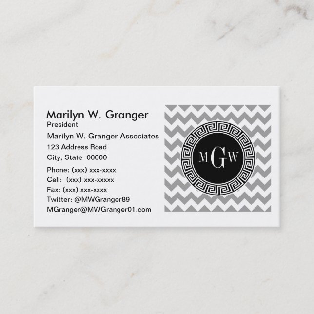 Tarjeta De Visita Gris Whats Chevron Black Greek Key 3 Monograma (Anverso)