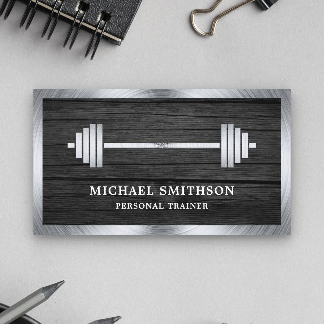 Tarjeta De Visita Gris Wood Steel Barbell Fitness Personal Trainer (Subido por el creador)