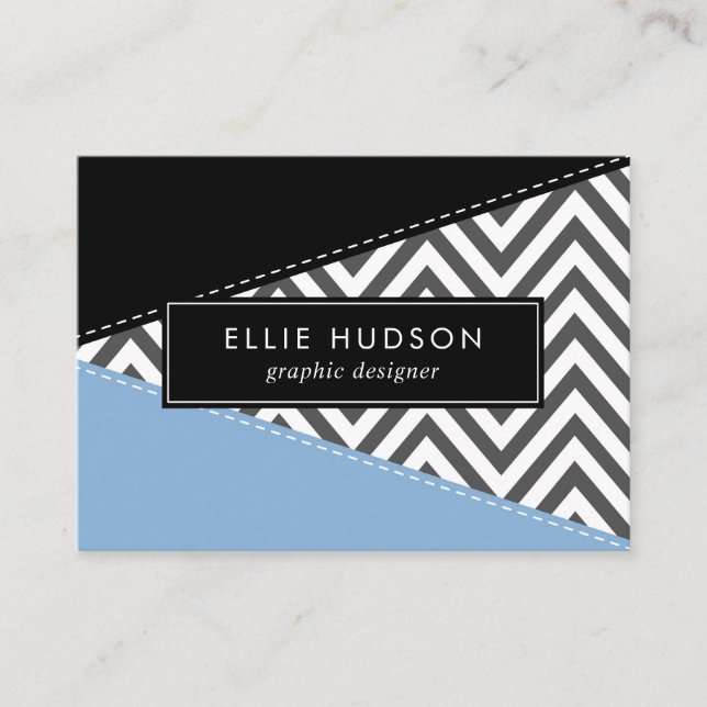 Tarjeta De Visita Gris Zigzag, Gris Chevron, Zigzag Pattern, Azul (Anverso)