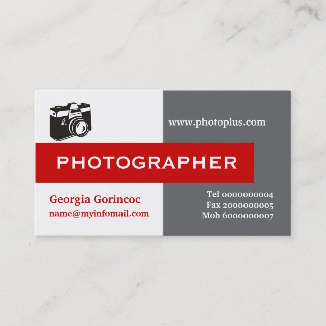 Tarjeta De Visita Grises, blancos, rojos llamativos fotógrafos (Anverso)
