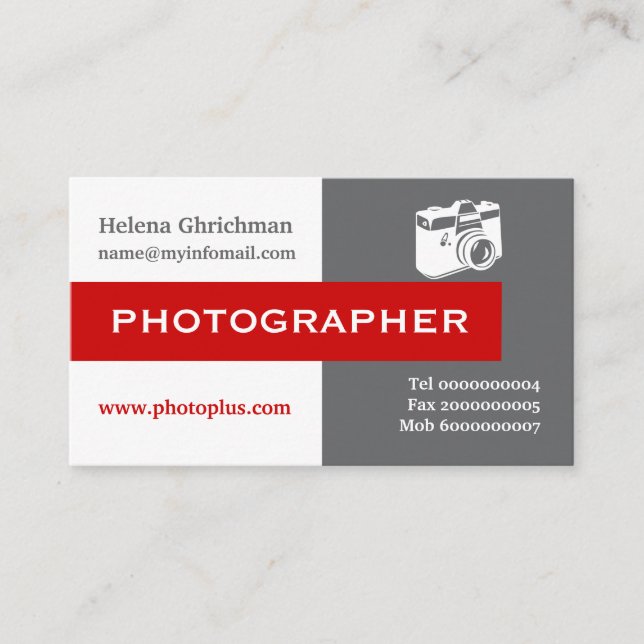 Tarjeta De Visita Grises, blancos, rojos llamativos fotógrafos (Anverso)