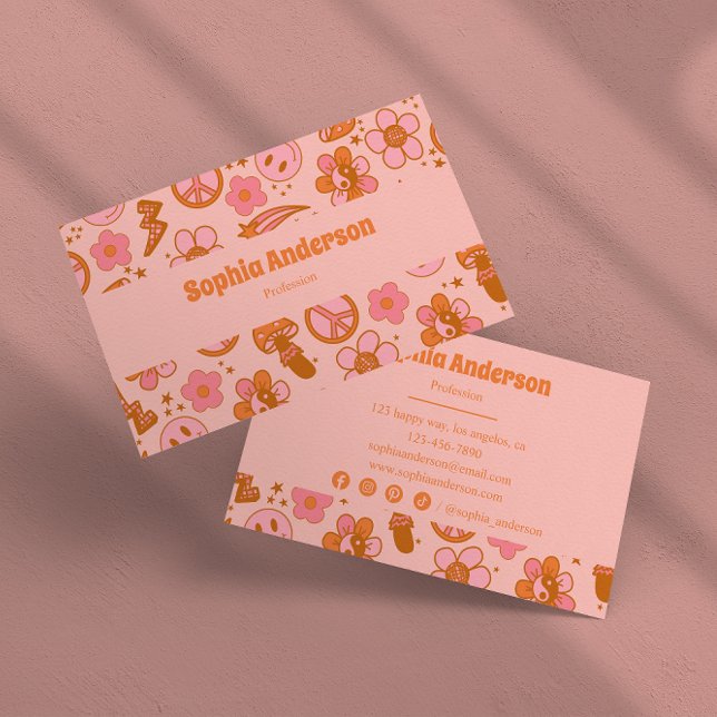 Tarjeta De Visita Groovy 70 Retro Hippie Rosa y Naranja Funky (Subido por el creador)
