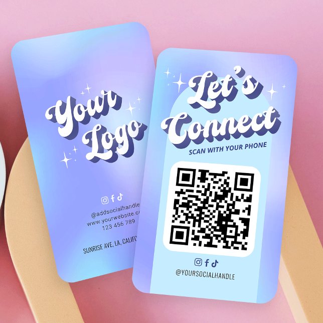 Tarjeta De Visita Groovy Blue Púrpura Moda Social Media QR Code (Trendy QR code social media business cards with groovy style retro fonts and scannable QR code)