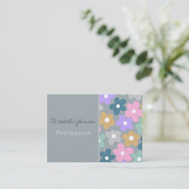 Tarjeta De Visita Groovy Daisy Flowers Gray Retro Boho Floral (Anverso de pie)