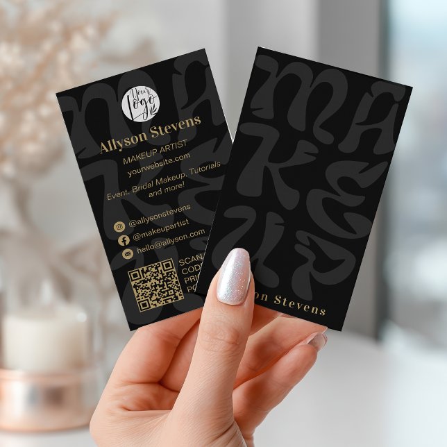Tarjeta De Visita Groovy retro black logo qr code Makeup (Groovy retro black logo qr code Makeup Business Card)