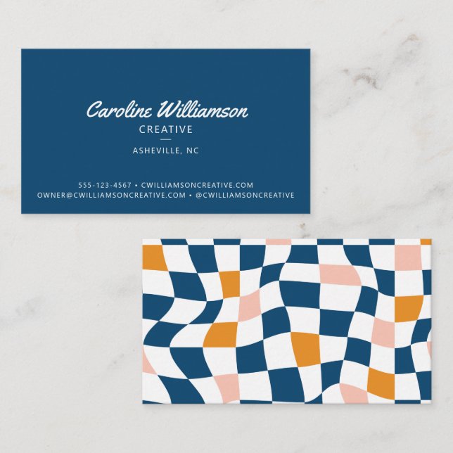 Tarjeta De Visita Groovy Retro Blue Abstract Checkerboard Trendy (Anverso / Reverso)