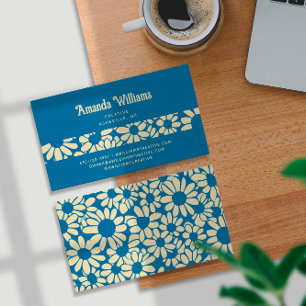 Tarjeta De Visita Groovy Retro Boho Blue Cream Trendy Botánica