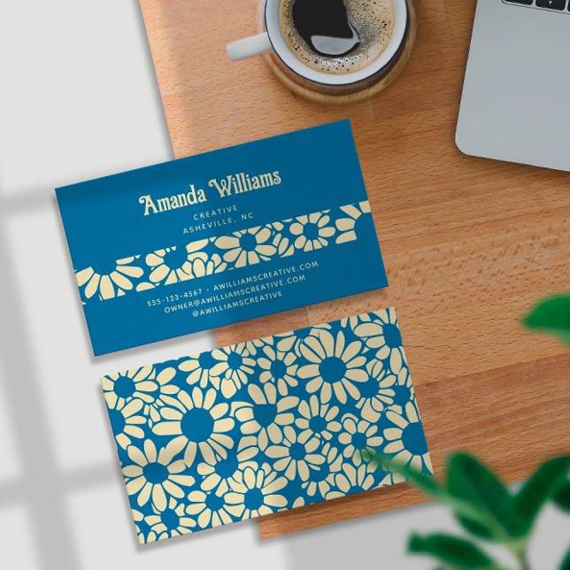 Tarjeta De Visita Groovy Retro Boho Blue Cream Trendy Botánica (Subido por el creador)