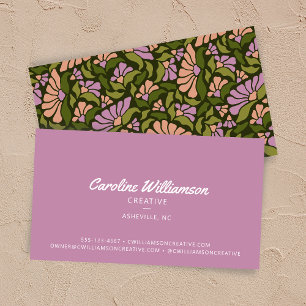Tarjeta De Visita Groovy Retro Boho Morado Verde Botánico de Moda